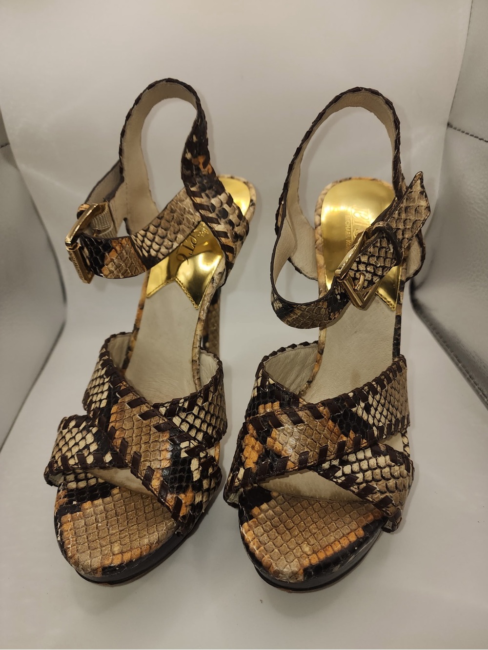 Michael Kors Brown Snakeskin Pattern High-Heel Sandals with Gold Accents